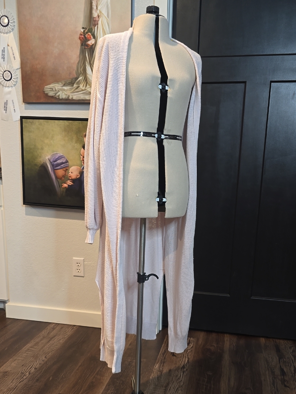 Long Open Front Ribbed Cardigan - Light Pink- maxi length, high side slits, sz s
